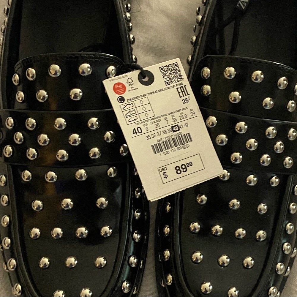 NWT- Zara black studded loafers